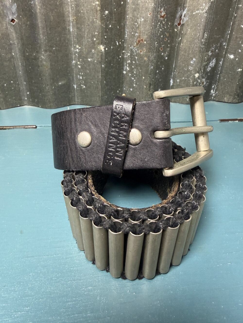 VTG Armani Exchange A|X Leather Metal Cartridge Link Belt Black Y2K 90s Grunge